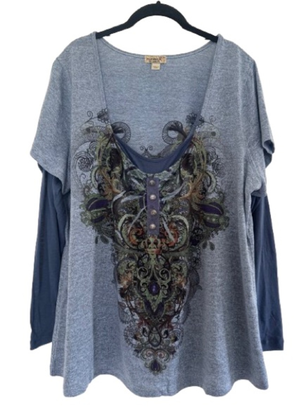 One World Blue Layered Long Sleeve Scoop Neck T-Shirt Boho Fall Floral